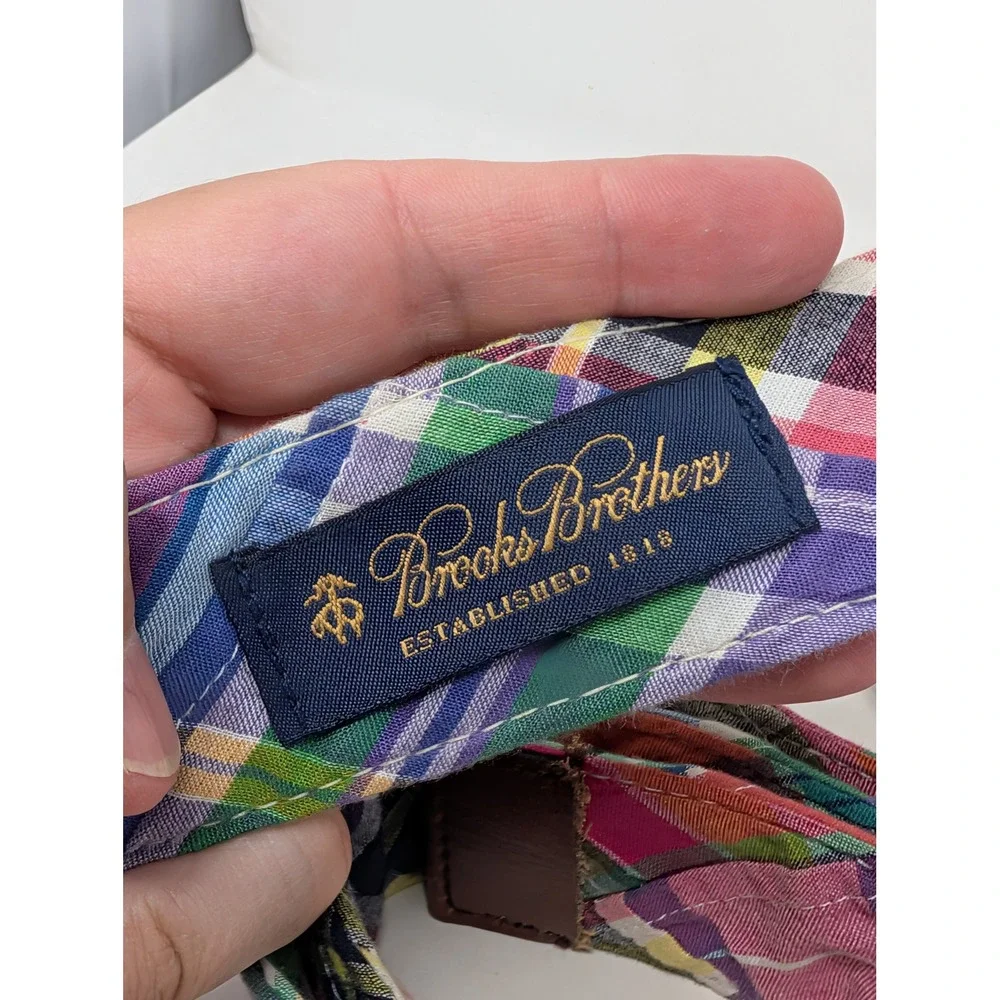 Brooks Brothers Madras Plaid D-Ring Belt Mens Medium Multi Color Leather Trim